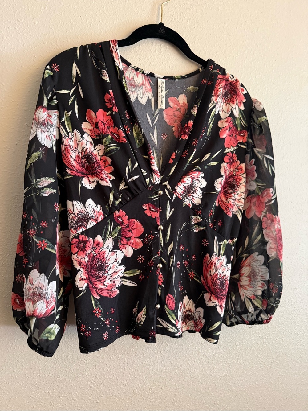 PerSeption Concept Black V-Neck Blouse with Pink Floral Print